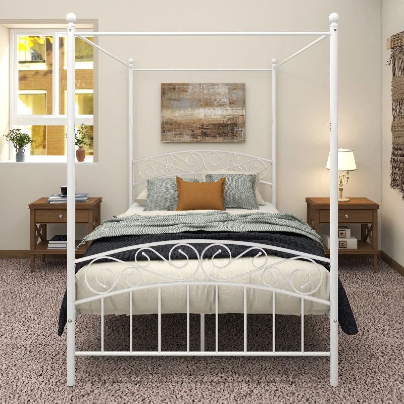 White Full Size Metal Canopy Bed Frame with European Style Headboard/Footboard - Sturdy Steel