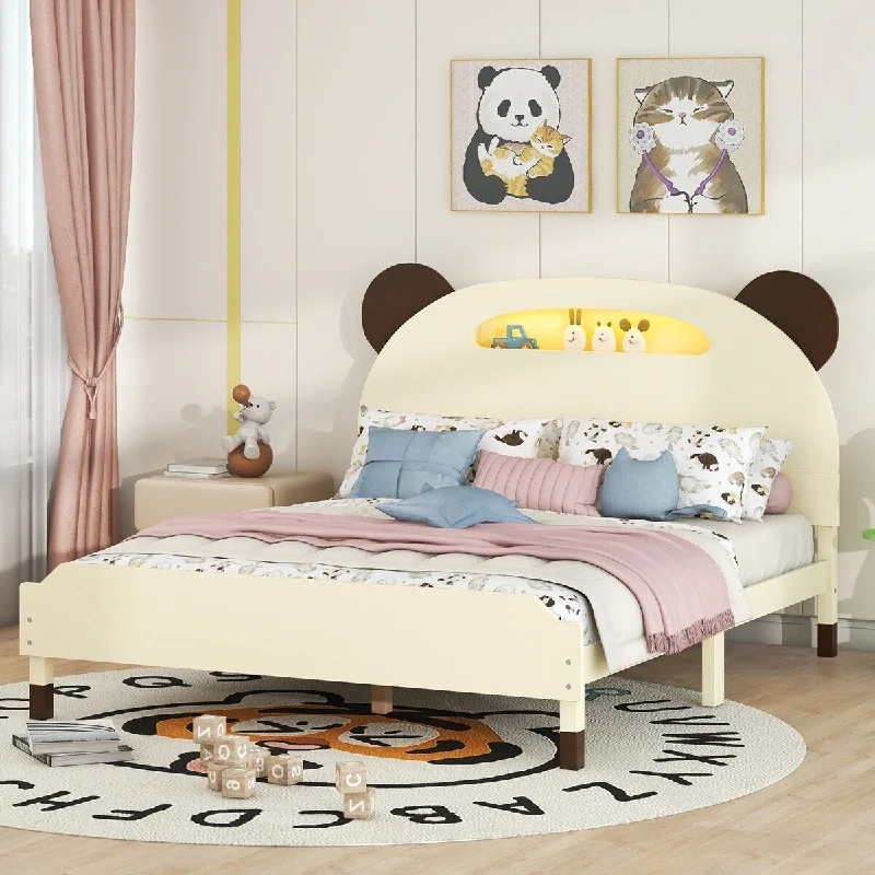 White Full SizeCozy Bear Design Wooden Platform Bed with Motion-Activated Night Lights