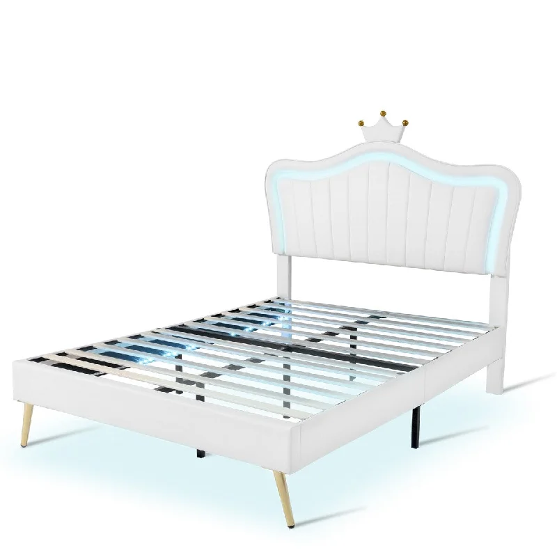 White Full SizeLED Upholstered Platform Bed