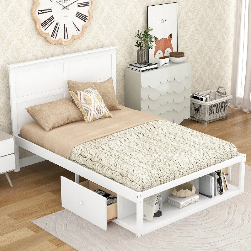 White Full SizeModern Platform Bed with Drawer on the Each Side and Shelf on the End of the Bed, /