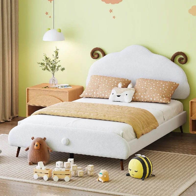 White Full SizeUpholstered Platform Bed with Animal Headboard