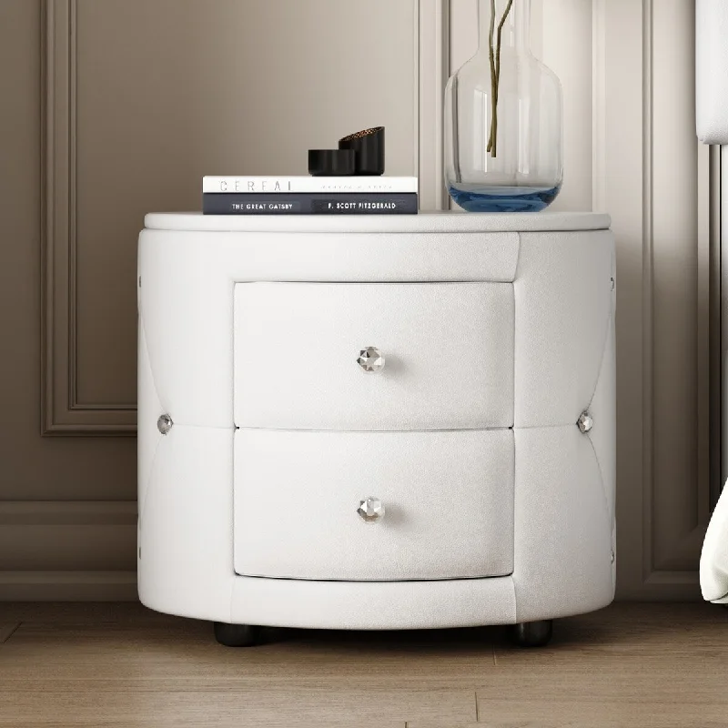 White PU Nightstand with 2 Drawers, Bedroom Storage Cabinet End Table with Crystal Handle, Living Room Bedside Table