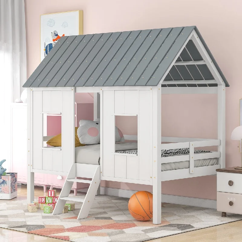 White Twin Low Loft House Bed