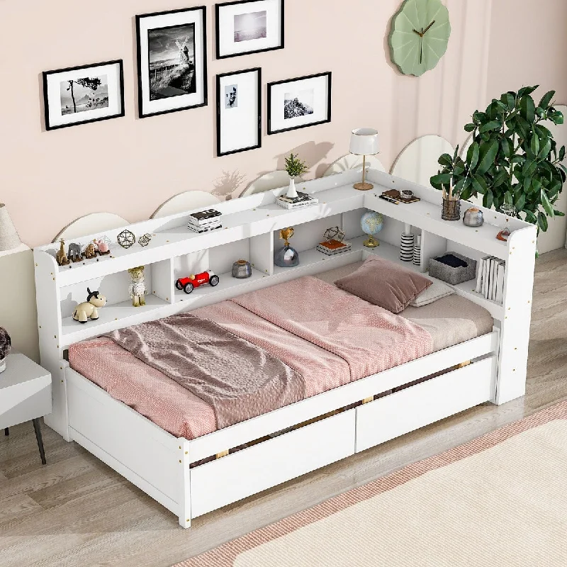 White Twin Size Bed with L-Shaped Bookshelves and Storage Drawers - Pine Wood, Space-Saving