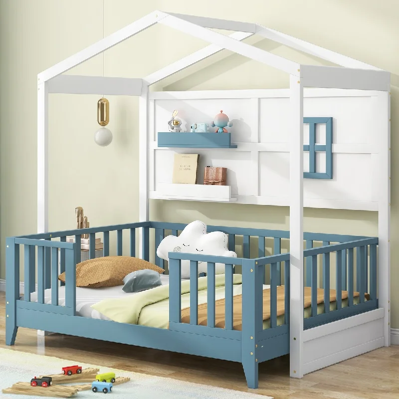 White Twin Size & Blue Wood House Bed with 2 Shelves and Safety Guardrail