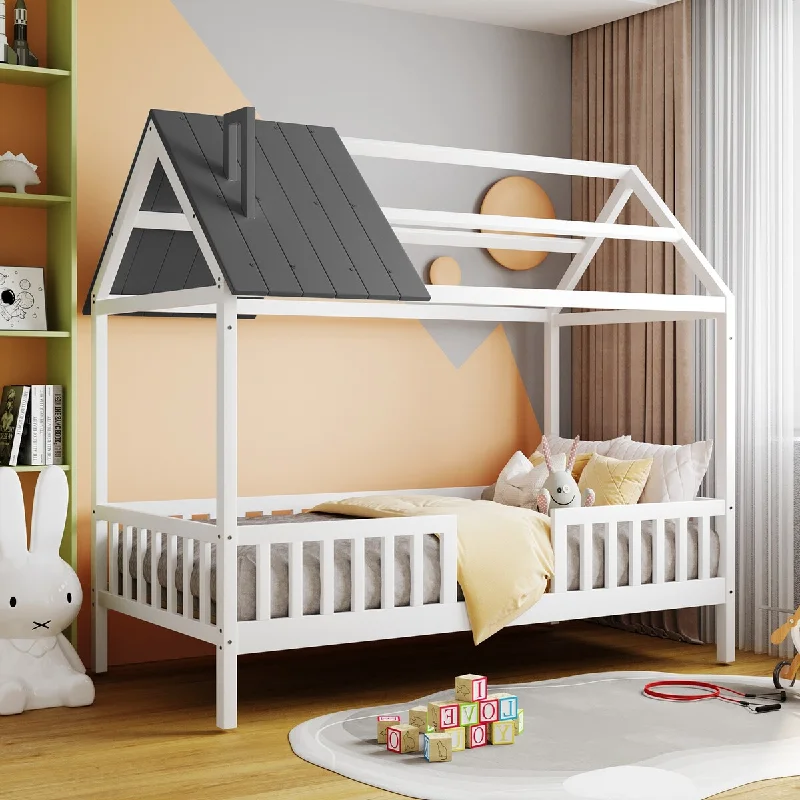 White Twin Size Wood House Bed with Guardrails