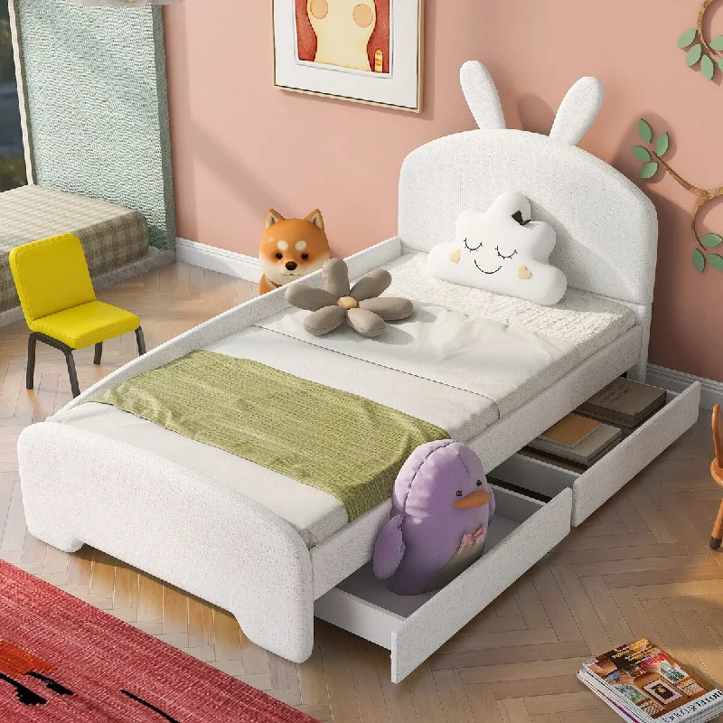 White Twin SizeCartoon Ear Platform Bed with Additional Drawers for Easy Organization