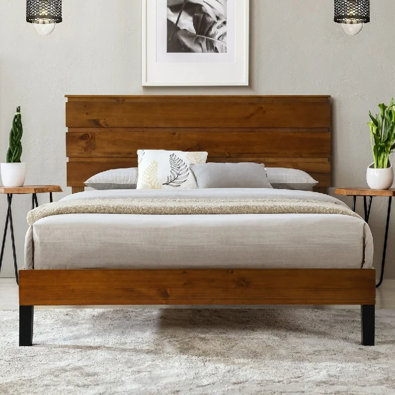 Wood Bed Frame Queen Size Platform Bed with Headboard