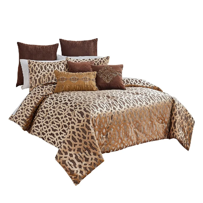 9 Piece Queen Polyester Comforter Set with Celtic Knots, Brown and Gold