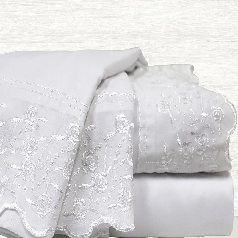 Amraupur Overseas 4-piece White Lace Hem Rose Sheet Set