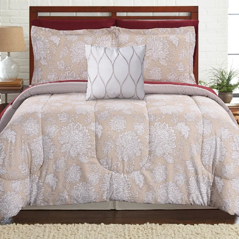 Caen 6 Piece Twin Printed Reversible Comforter Set The Urban Port, Beige and White