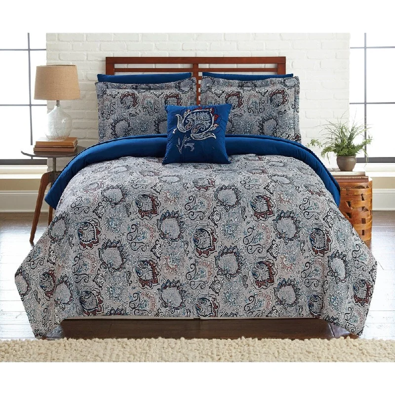 Caen 6 Piece Twin Printed Reversible Comforter Set The Urban Port, Gray and Blue