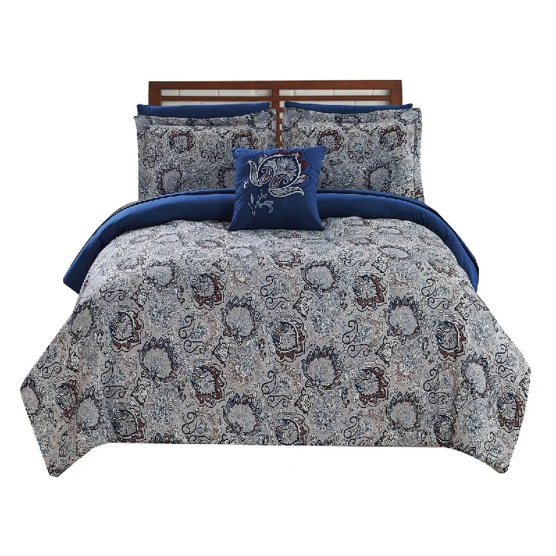 Caen 8 Piece Printed Queen Reversible Comforter Set The Urban Port, Gray and Blue