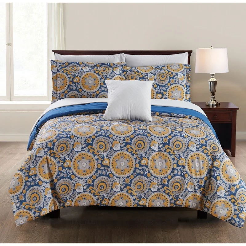 Caen 8 Piece Printed Reversible Full Comforter Set The Urban Port, Blue and Yellow