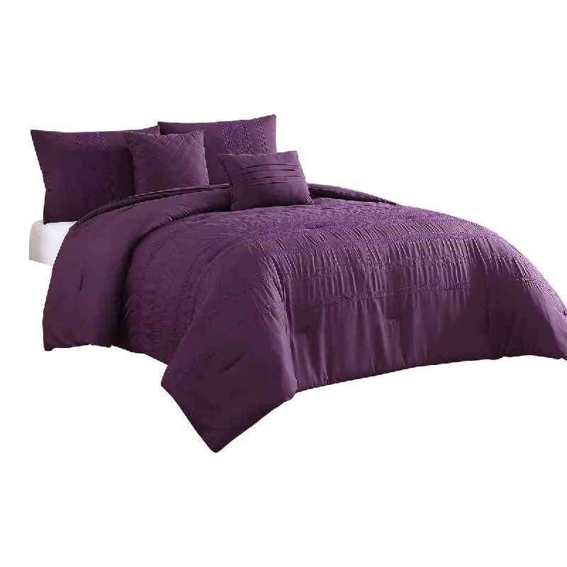 Elva 5pc Queen Comforter Set, Wrinkle Pattern, Purple By The Urban Port