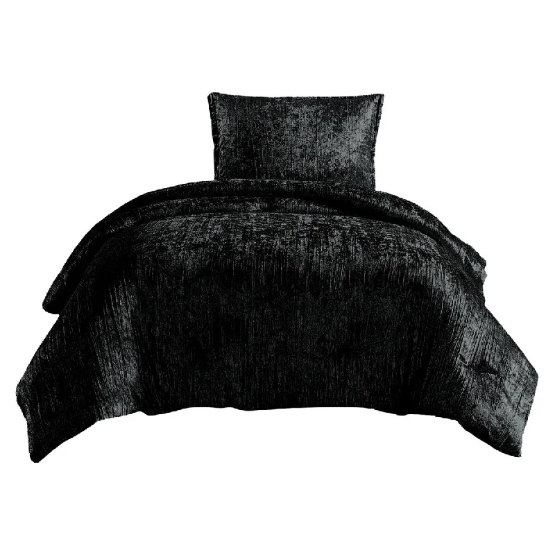 Jay 2 Piece Twin Comforter Set, Black Polyester Velvet, Deluxe Texture