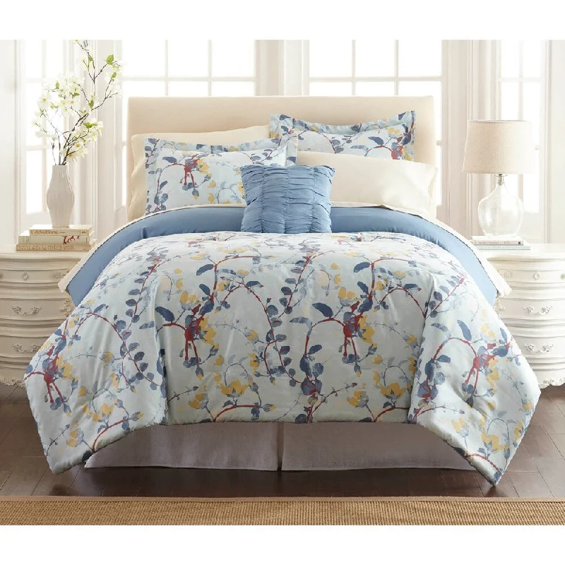 Lyon 8 Piece Full Size Printed Reversible Comforter Set The Urban Port,Blue and White