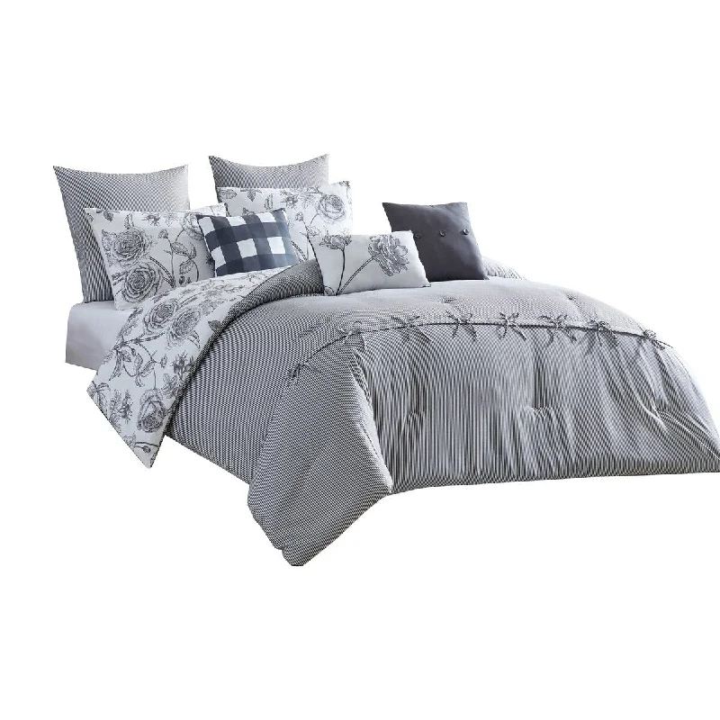 Veria 8 Piece Queen Comforter Set with Shoe Lace Design Accent The Urban Port, Gray