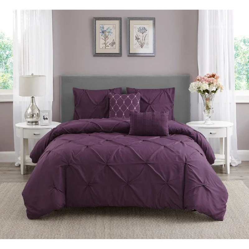 Wonder Home Mona 5PC Pleated Comforter Set, Queen, Purple