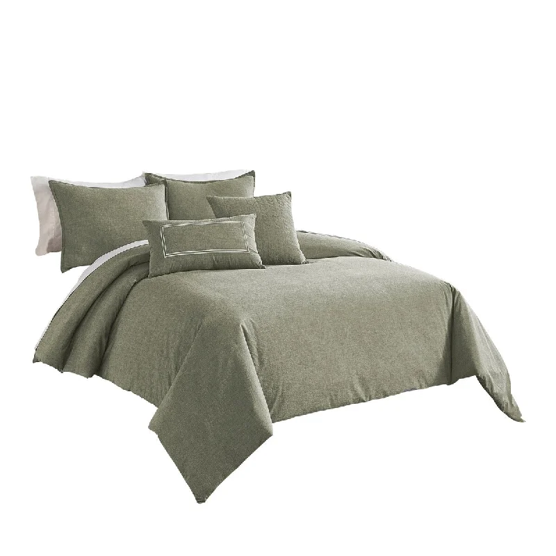 6 Piece King Cotton Comforter Cover Set with Cross Woven Texture, Green