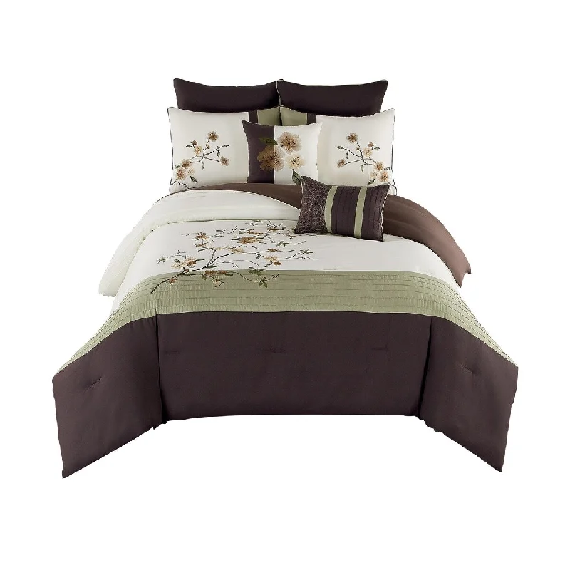 8 Piece Queen Polyester Comforter Set with Floral Design, Green and Brown