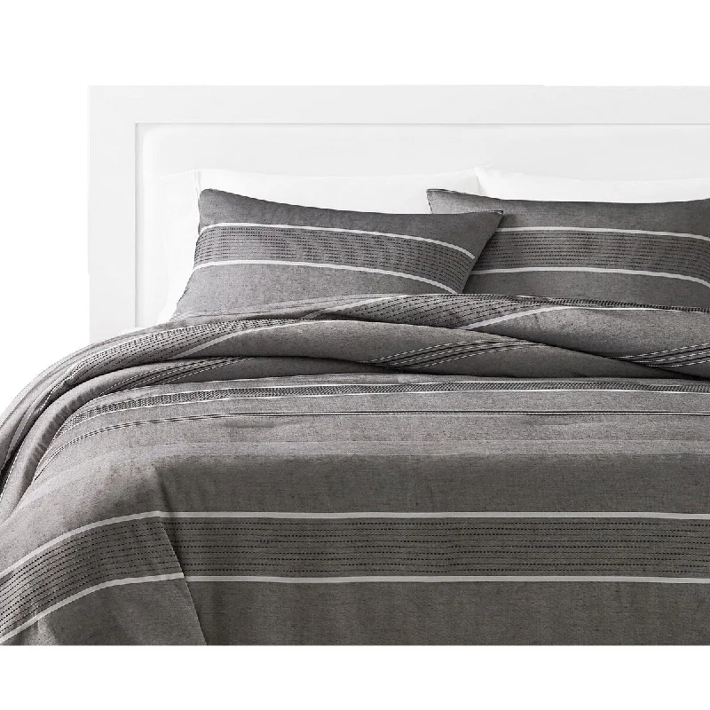 Arlo 3 Piece Queen Size Comforter Set, Striped Woven Jacquard, Soft Gray