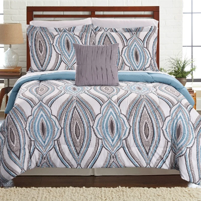 Caen 8 Piece Abstract Print Full Size Comforter Set The Urban Port, Blue and Gray