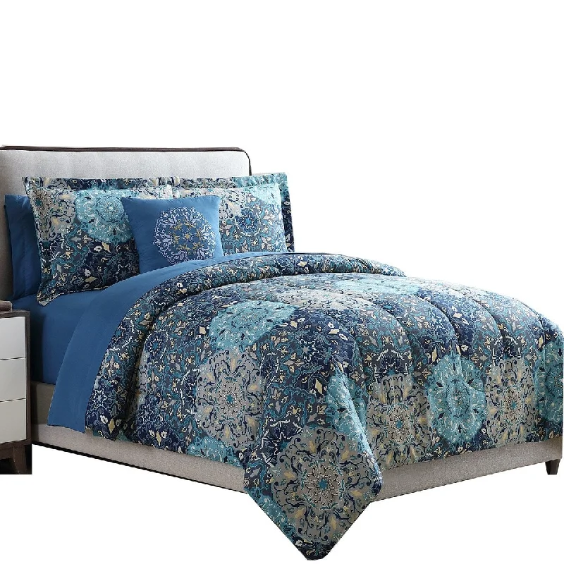 Caen 8 Piece Printed Full Size Reversible Comforter Set The Urban Port, Blue