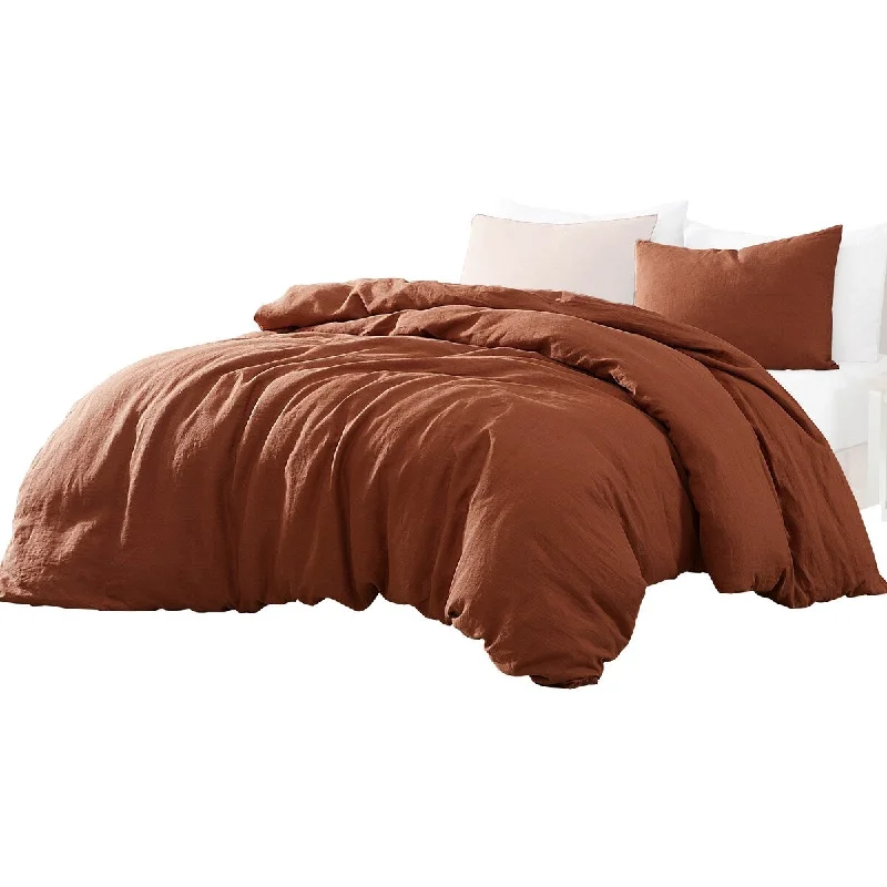 Edge 3 Piece Twin Size Duvet Comforter Set, Washed Linen, Rust Orange