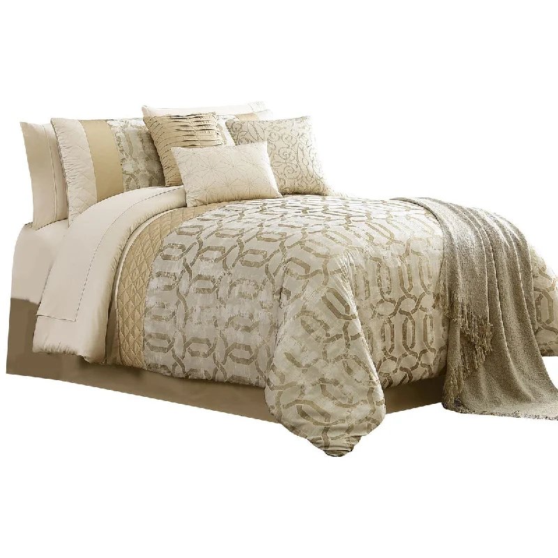 Elia 10 Piece King Polyester Comforter Set, Lattice Pattern, Cream, Gold