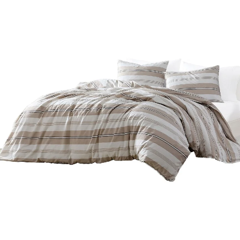 Eva 4 Piece King Size Cotton Duvet Comforter Set, Beige Stripes, Ivory