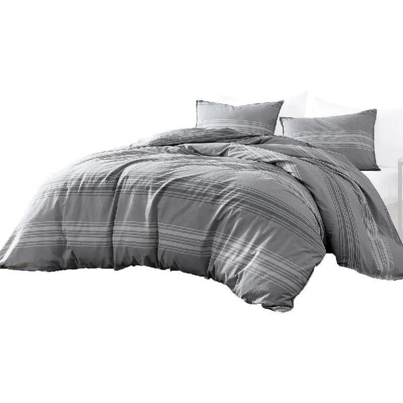 Eva 4 Piece King Size Cotton Duvet Comforter Set, Gray Stripes, Charcoal