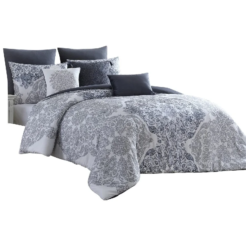 Evie 8pc Microfiber King Comforter Set, White Gray Damask By The Urban Port