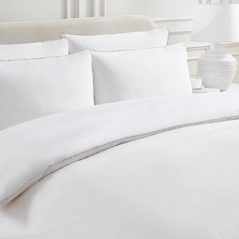 Girona 200 Thread Count Pom-Pom Duvet Cover - Cotton - White/Pink