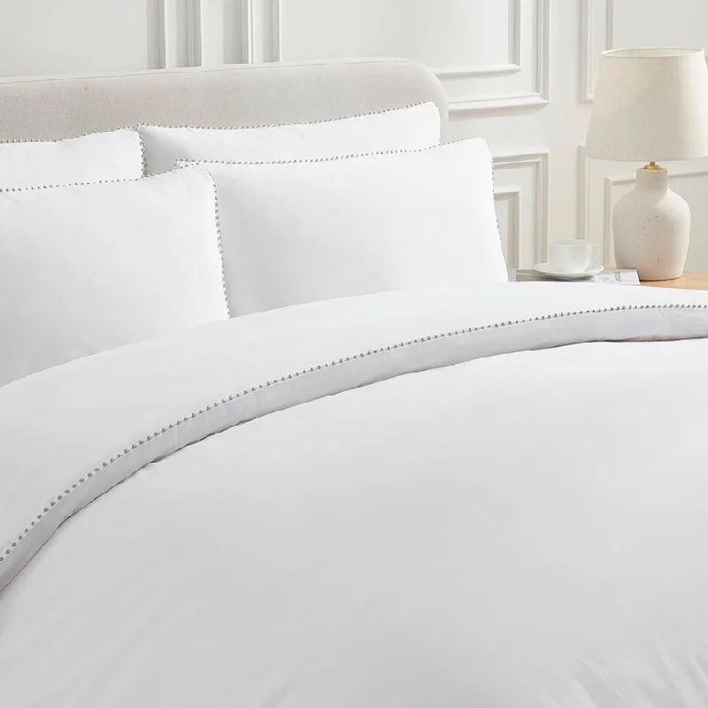 Girona 200 Thread Count Pom-Pom Duvet Cover - Cotton - White/Sage