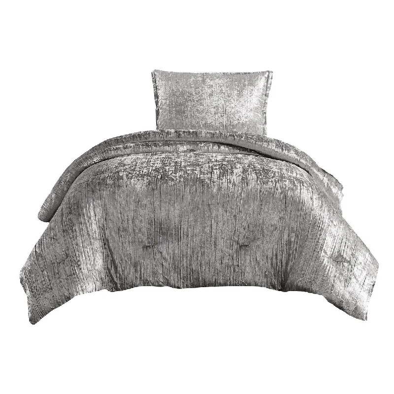 Jay 2 Piece Twin Comforter Set, Silver Polyester Velvet Deluxe Texture