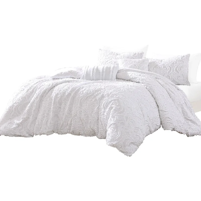 Kile Modern 6 Piece Queen Size Duvet Comforter Set, White Medallion Pattern