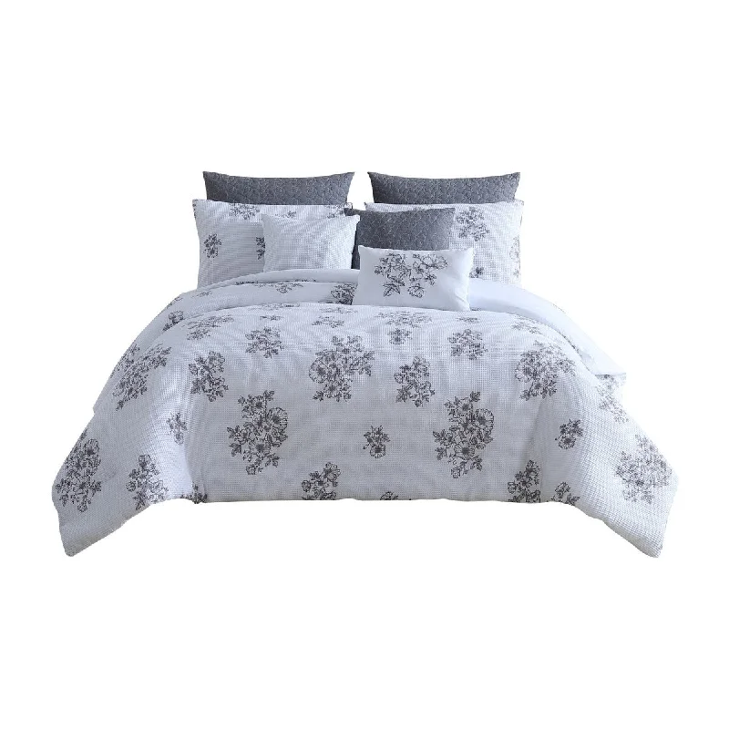 Kuri 8pc Microfiber King Comforter Set, White Gray Floral By The Urban Port