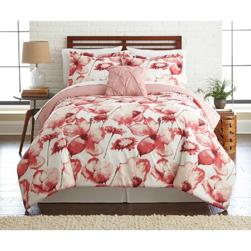 Lyon 8 Piece King Printed Reversible Comforter Set The Urban Port, Pink and White