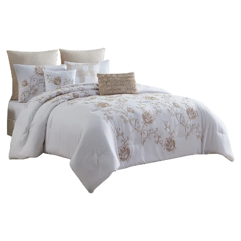 Miki 8pc Microfiber King Comforter Set, Floral White Tan By The Urban Port