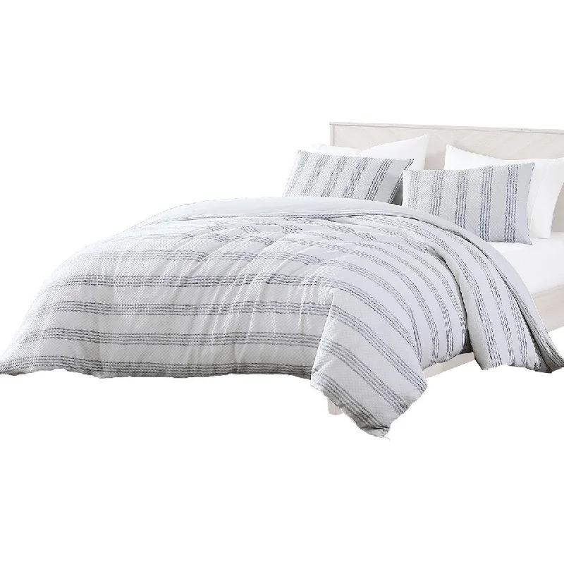 Sam 4 Piece King Size Duvet Comforter Set, Cotton, Striped Woven, White