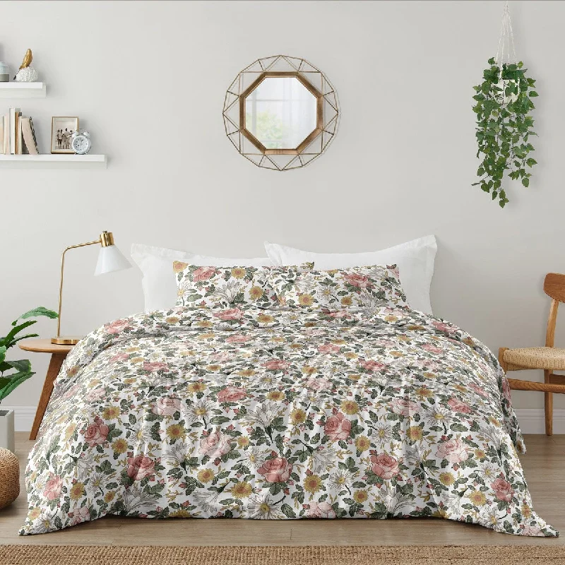 Sweet Jojo Designs Vintage Floral Boho Girl 3pc Full Queen Comforter Set - Blush Pink Yellow Green White Shabby Chic Farmhouse