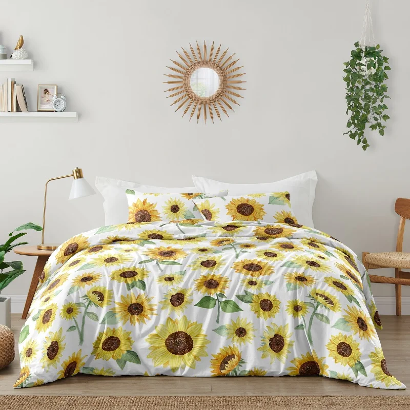 Sweet Jojo Designs Yellow Green White Boho Floral Sunflower Girl 3pc Full Queen-size Comforter Set - Farmhouse Watercolor Flower