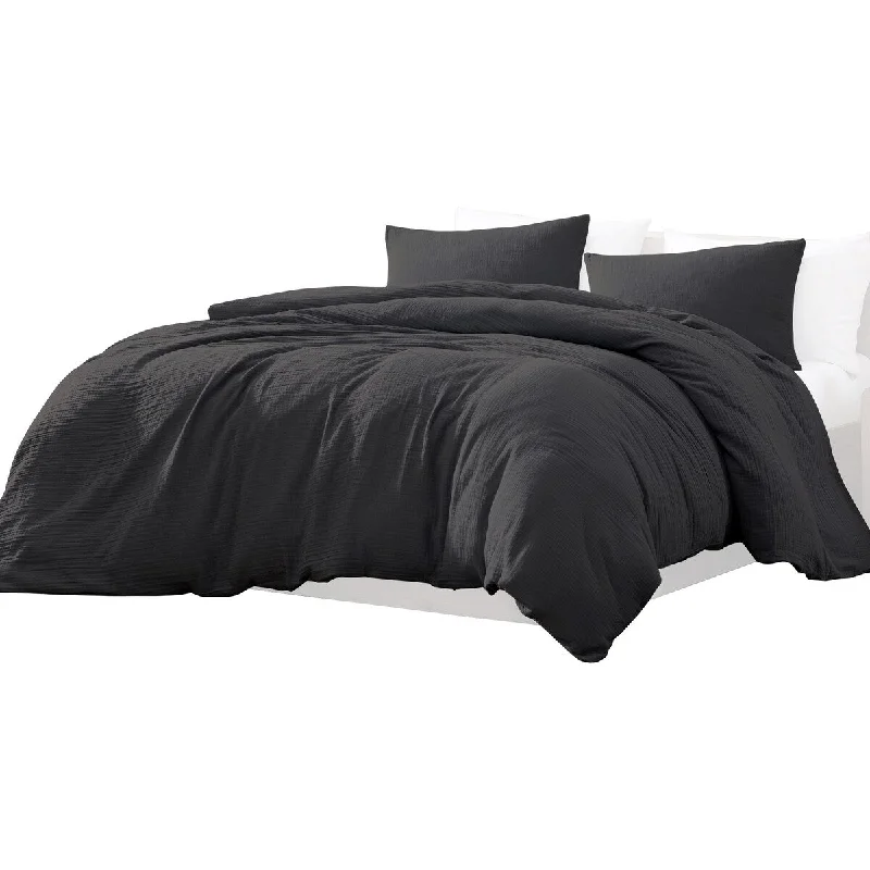 Uvi 3 Piece Queen Comforter Set, Cotton, Natural Crinkled Texture, Black