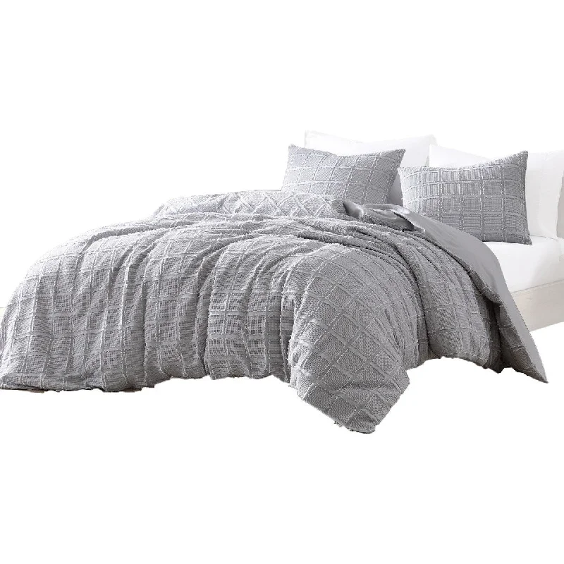 Viv 4 Piece King Size Duvet Comforter Set with Clip Waffle Pattern, Gray